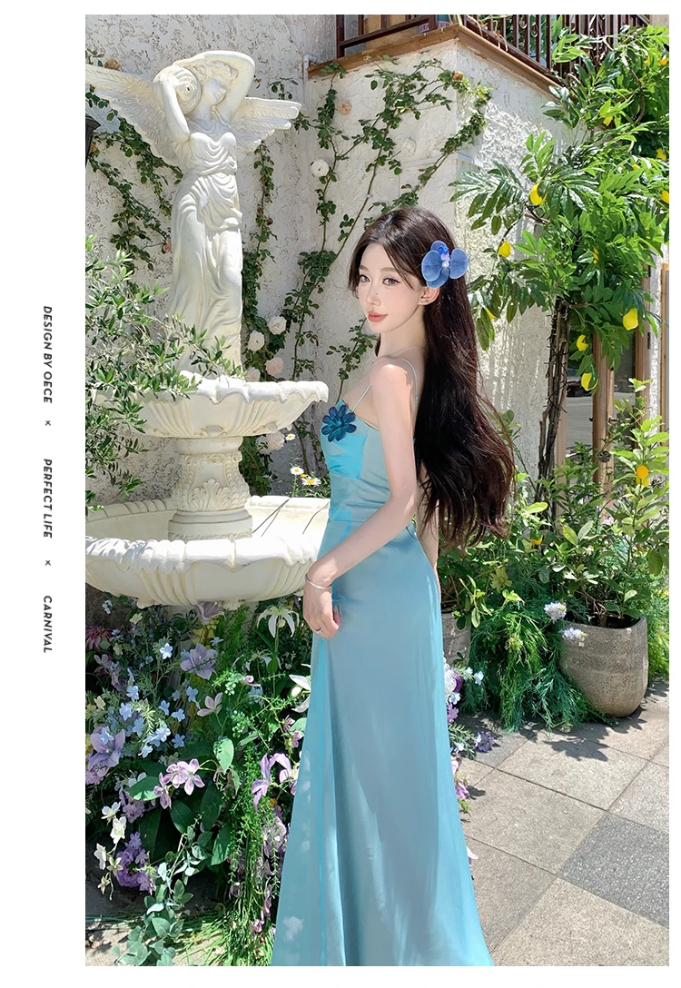Luxus-Party-Abendkleid 2025, weibliche Mode, blauer Chiffon, sexy Schlinge, schlank, gerafft, Boho-Urlaub, Strand, langes Kleid, Robe