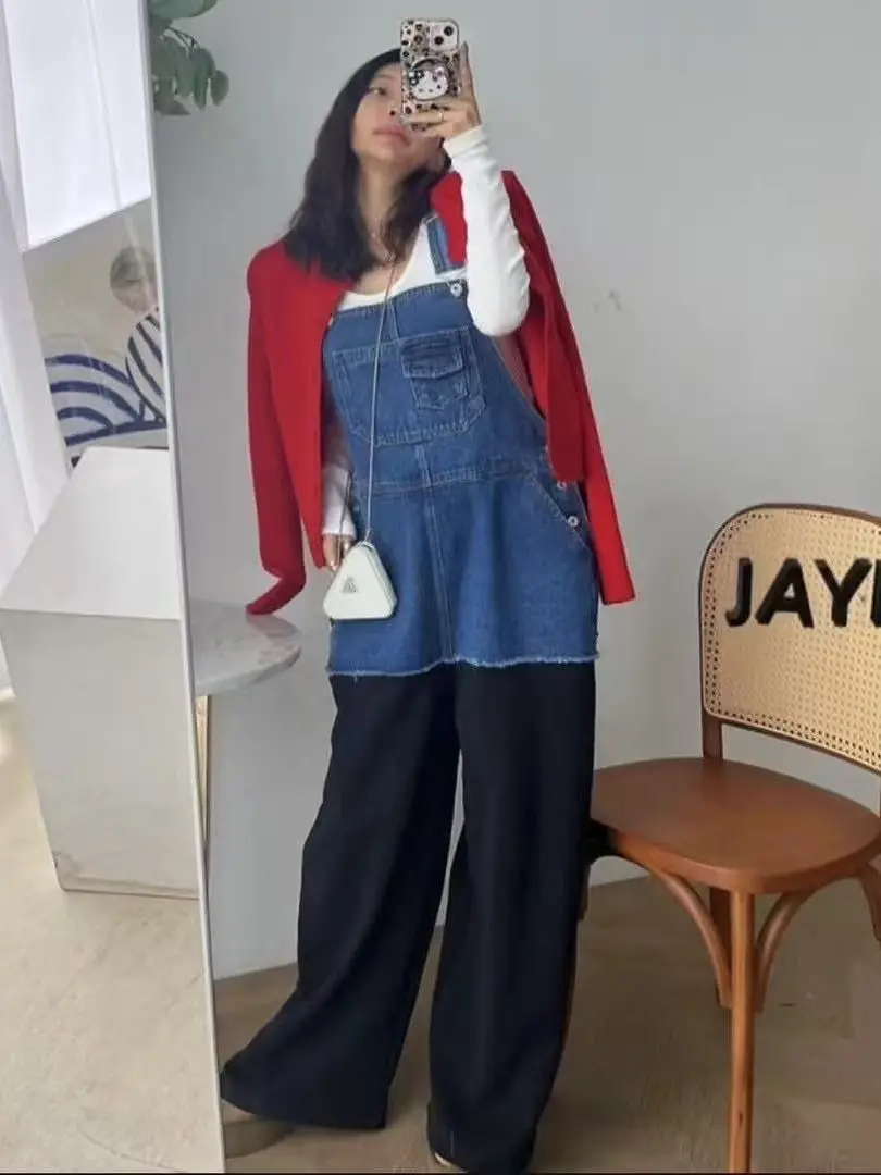 Salopette en Denim couleur Blo pour femmes, pantalon ample à jambes droites, pantalon Long bleu sur le côté, en coton, décontracté