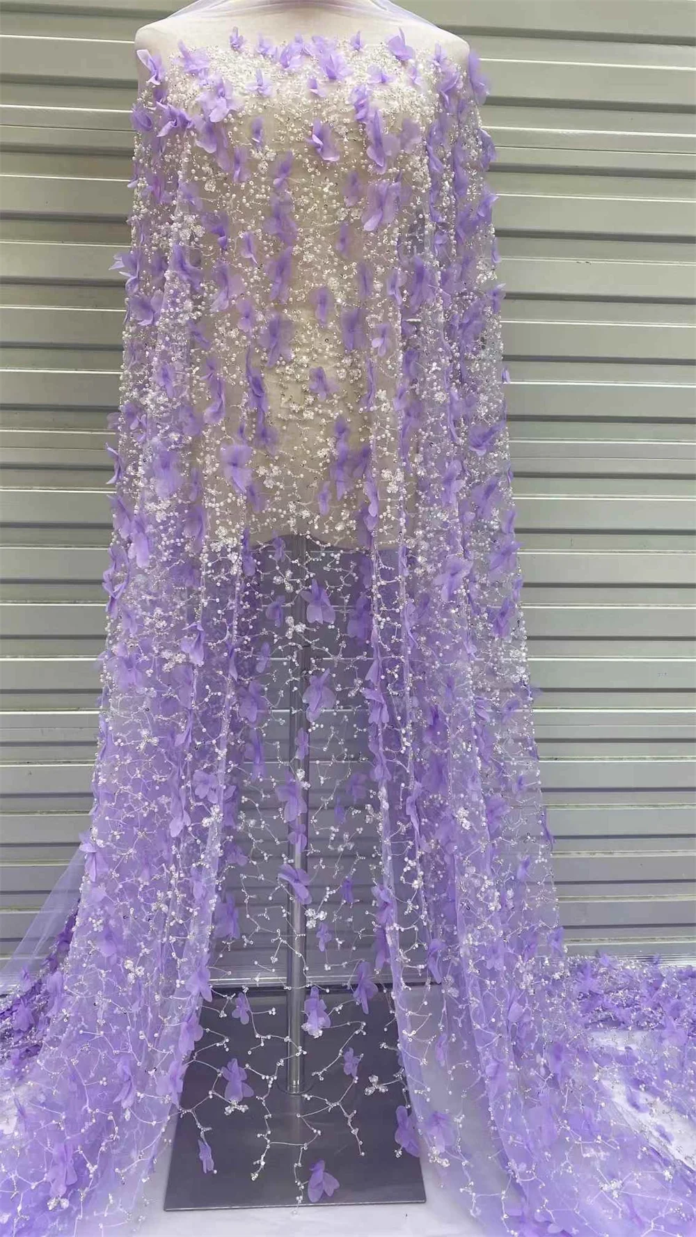 Purple Latest Best Quality Luxurious Soft Eligant Embroidered 3D Beaded Tube Lace Fabric For Party Evening Dresses 5YardS W183-1