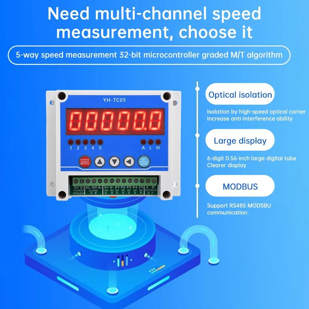 DC12-24V 5-Channel Tachometer Non-Contact Motor RPM Tachometer Hall Sense Stop Meter with modbus Function