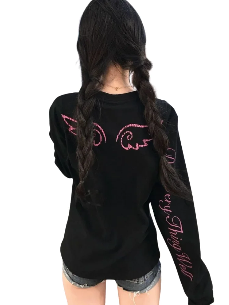 Harajuku 2000s Letters Beard ​Wings Printing T-Shirt Women Clothing Tops Autumn Y2k Aesthetic Grunge Vintage Punk Tee Cutecore