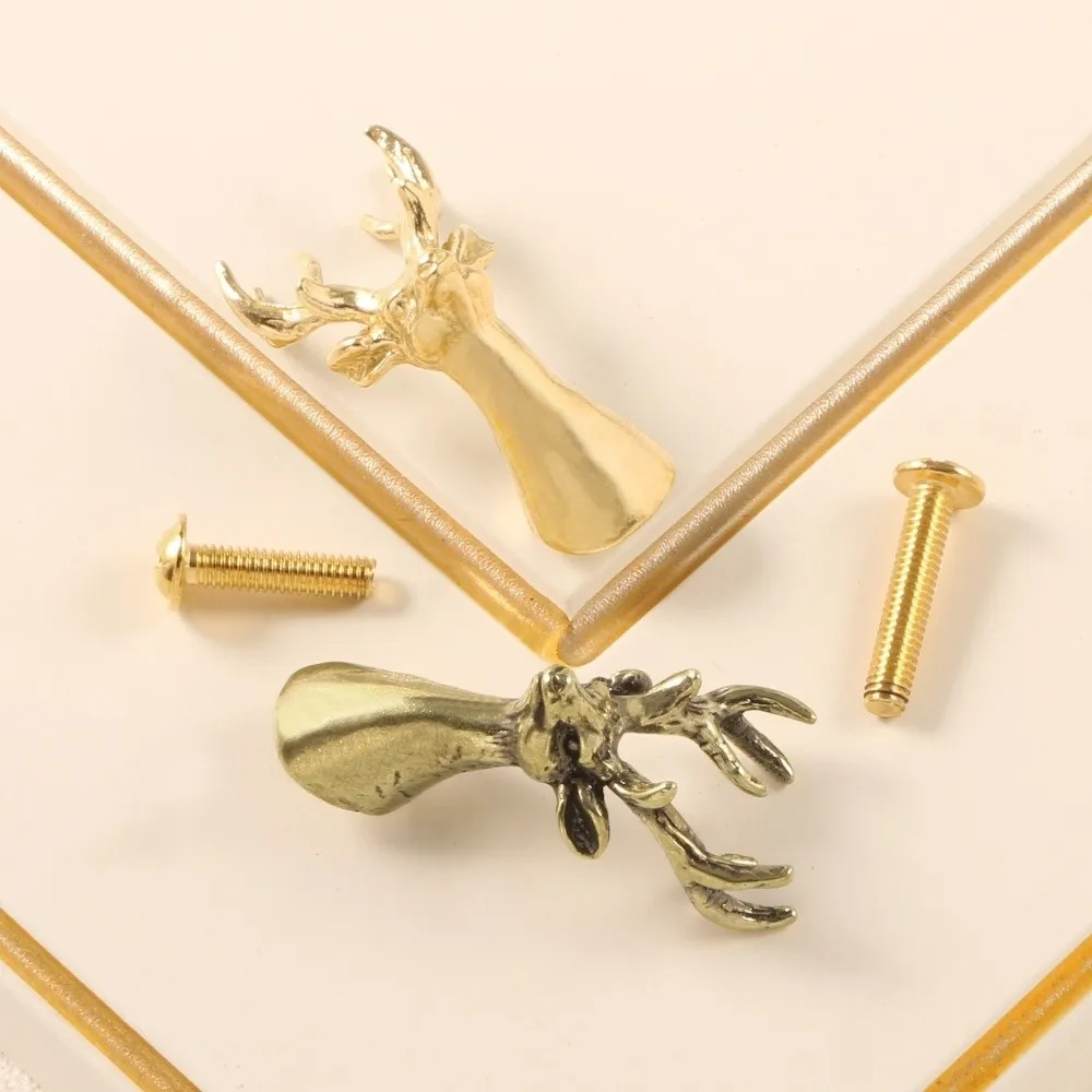 Retro Brass Cabinet Pull Vintage Furniture Hardware Solid Deer Head Drawer Handle Gold Home Decor