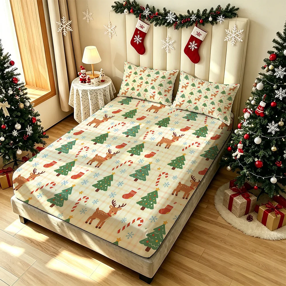 3PCS Reindeer Christmas Tree Snowflake Grid Print Bedding Set 1 Bedspread 2 Pillowcases No Insert Soft Machine Washable Xmas