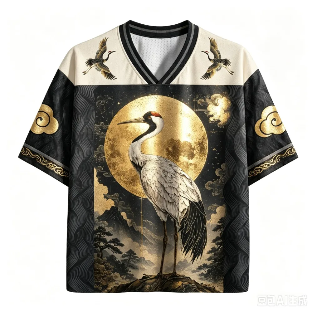 Retro Japanese Crane Moon 3DPattern Men's Women's Casual V-Neck Loose Quick-Dry Breathable T-Shirt Y2K Street Hip-Hop Sporty Top
