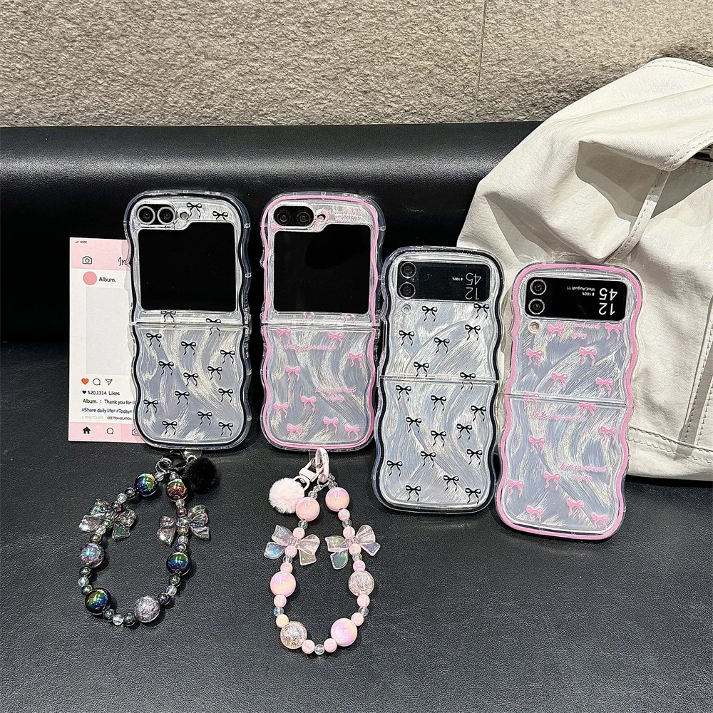 Korean Cute Bowknot Wavy Phone Case For Samsung Galaxy Z Flip 6 5 4 3 Cover with Chain Silicone Lovely Cases Flip6 Flip5 Funda