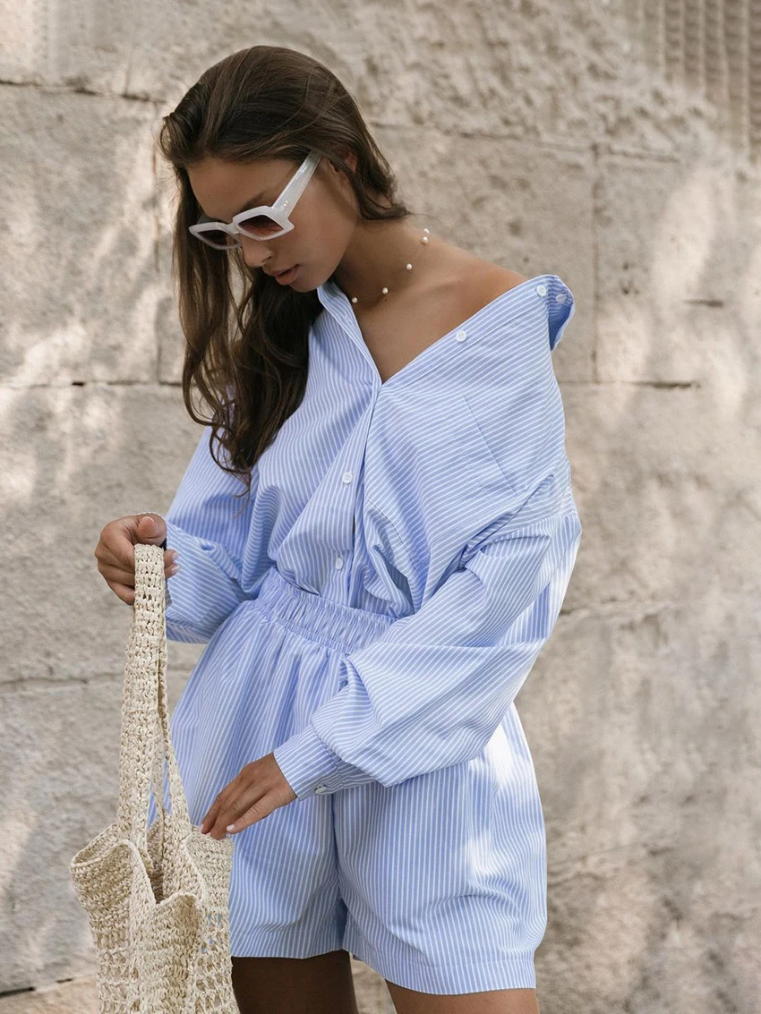 Marthaqiqi New 2024 Striped Female Nightwear Suit Turn-Down Collar Pajama Long Sleeve Nightgowns Shorts Casual Women Nightie Set