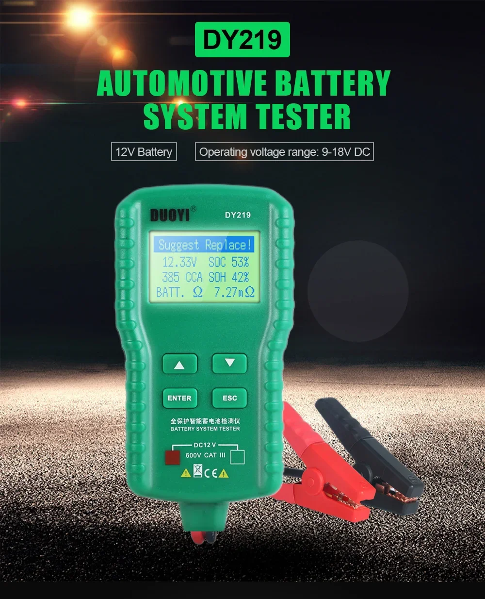 DUOYI DY219 12V Digitaler Batterietester Automotive AH 100-1000CCA Spannungs-Batterieanalysator Multifunktionales Diagnosewerkzeug – Detail 1