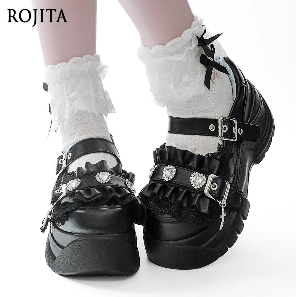Original One-Strap Platform Thick-Soled Shoes Sweet Cool Subculture Platform Shoes Spring Autumn Rhinestone Black Single Shoes