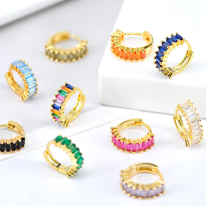 925 Sterling Silver Ear Needle Colorful Crystal Hoop Earrings 9mm Silver Gold Earrings for women Party Luxury Jewelry Gifts