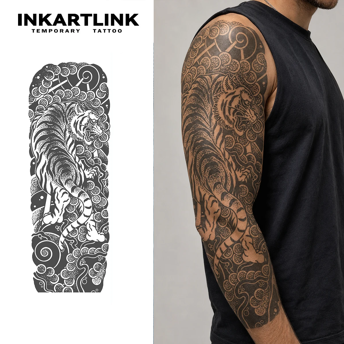 INKARTLINK Fierce Tiger Full-Sleeve Arm Tattoo Sticker – Waterproof, Lasts ~15 Days, Party Essential
