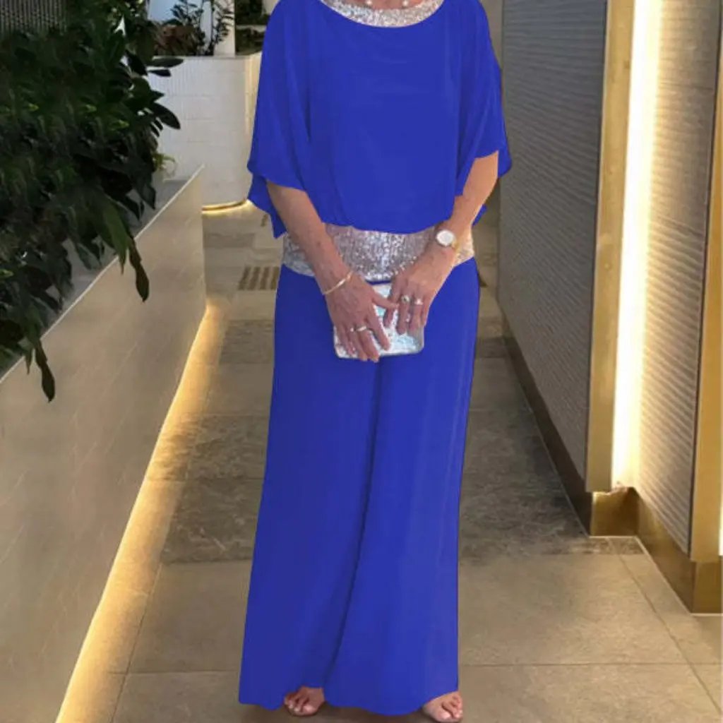 

Women's Fashion European American Style Crew Neck Sequin Color Match Bat Shirt Wide Leg Pants Suit Set