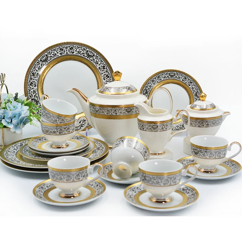 Hotel home use Shiny gold tea set coffee cup tea cup set sugar bowl box set