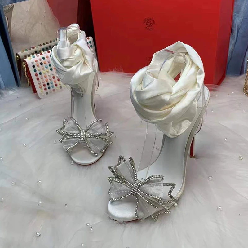 2023 Summer Size 34-45 Sweet White Satin Girls Women Fashion High Heels Sandals Shoes