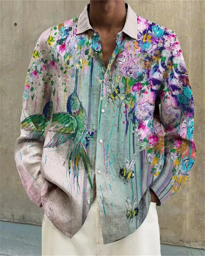 High-end shirt, Hawaiian shirt, floral print, long-sleeved single-breasted clothing, fashionable street style, versatile design