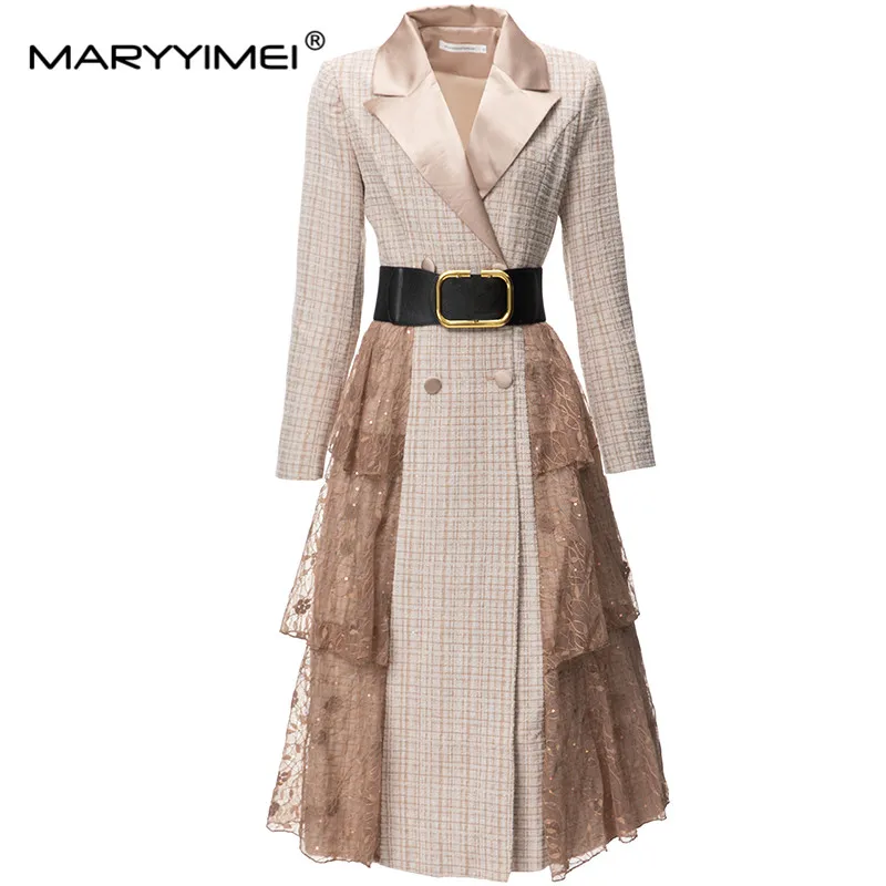 

MARYYIMEI Fashion Autumn Coarse tweed Women's Dress Long sleeved belt Patchwork Mesh embroidered sequins Thickened Dresses