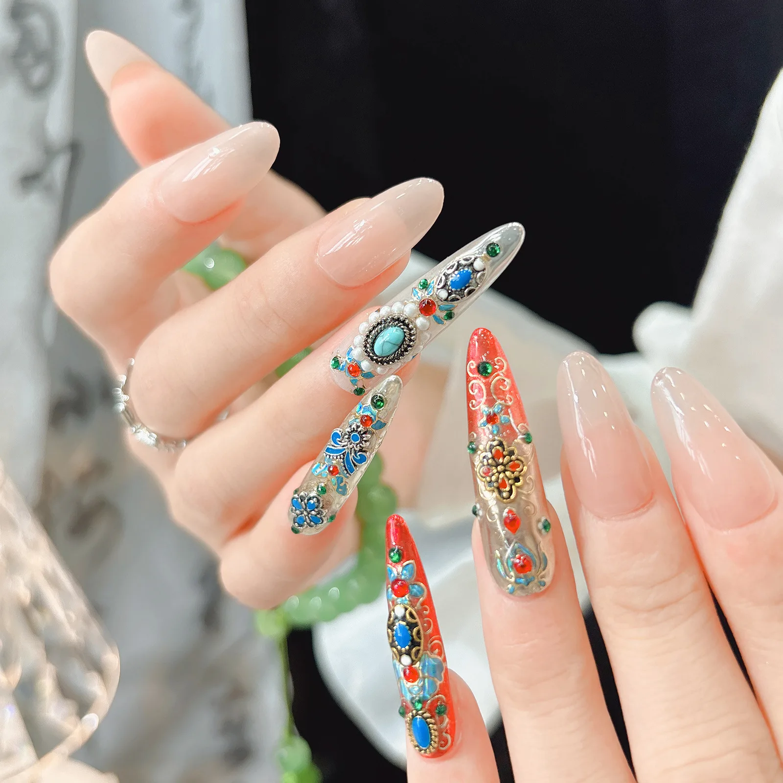 Retro corte chino Noble turquesa aleación Metal flor joyería antigua bohemia étnica accesorios de decoración de uñas decoraciones manicura