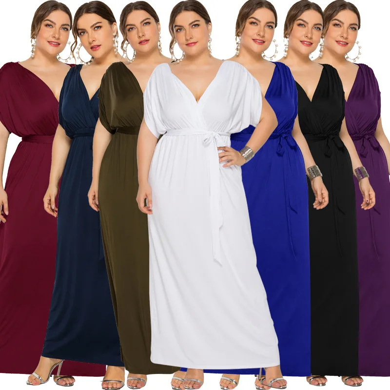 Vestido de talla grande 2022 con cuello en V, manga corta, patrón de Color sólido y tobillo Delgado, falda de cintura alta, elegante para fiesta de