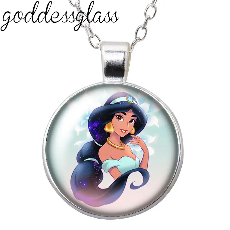 Disney Princess Jasmine Aladdin Lamp Round Photo Glass cabochon silver plated pendant necklace jewelry Gift