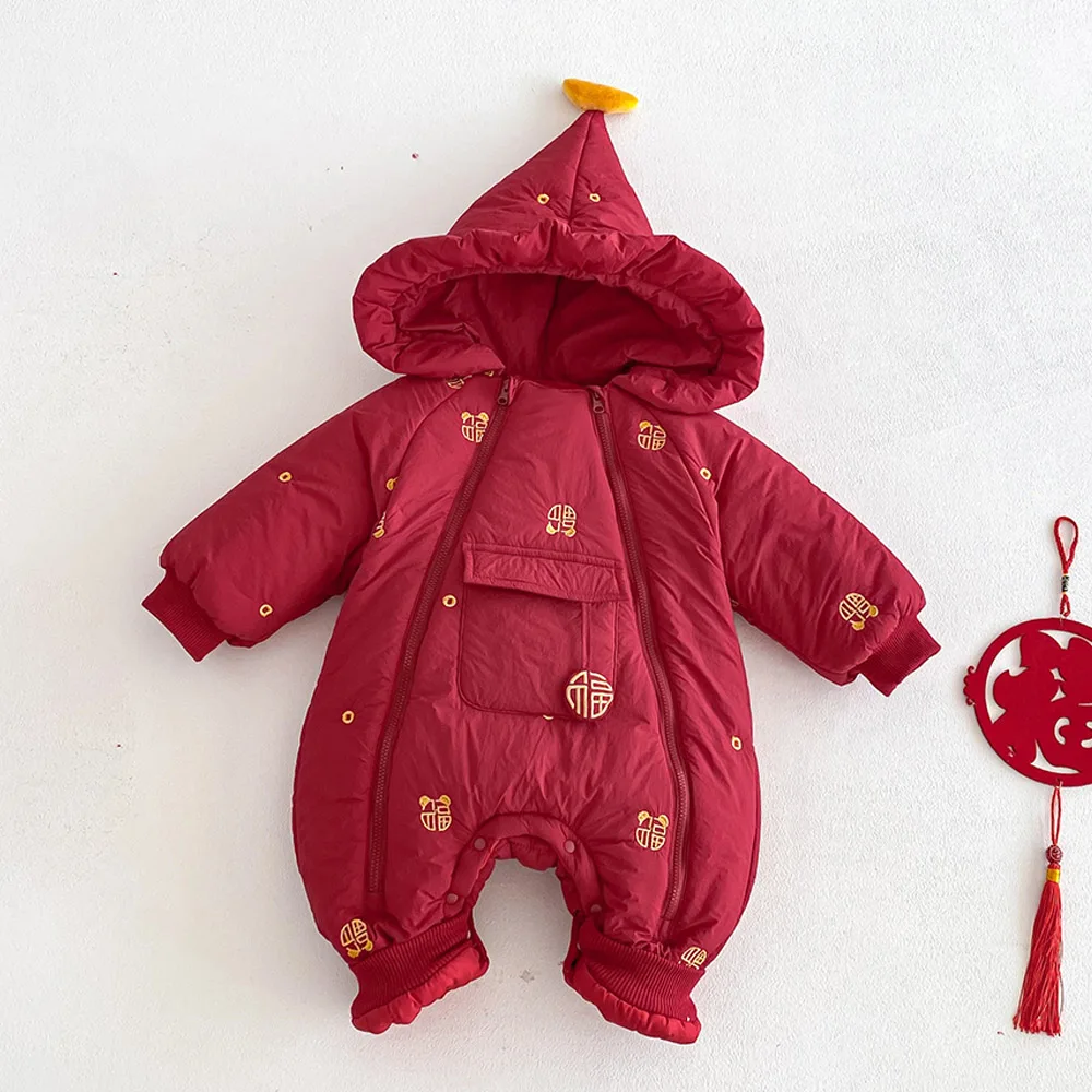 

First Christmas Baby Girl Romper Hooded Quilted Warm Winter Infant Outerwear Clothing Red Chinese New Year Baby Boy Jumpsuit