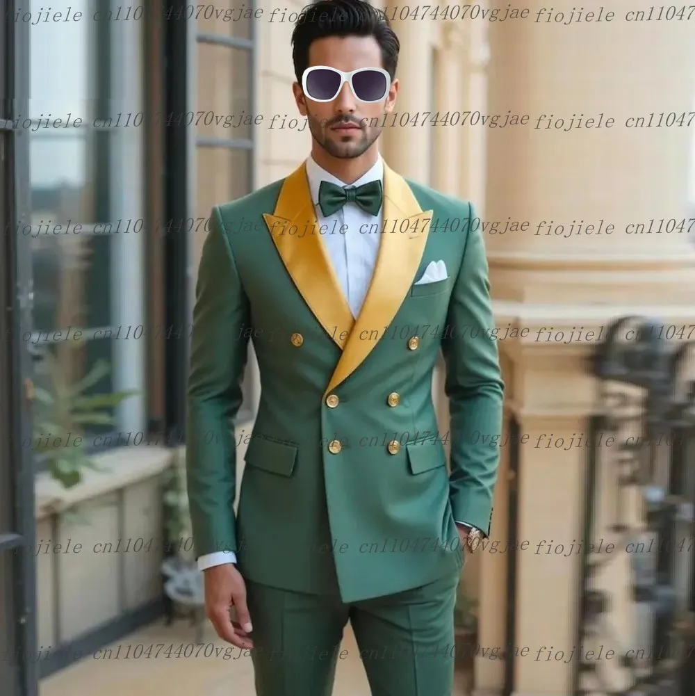 Herrenanzug mit goldenem Kragen und mintgrün, formelle Hochzeit, Party, Bräutigam, Trauzeuge, Business, Abschlussball, männlicher Smoking, 2-teiliges Set, Jacke und Hose