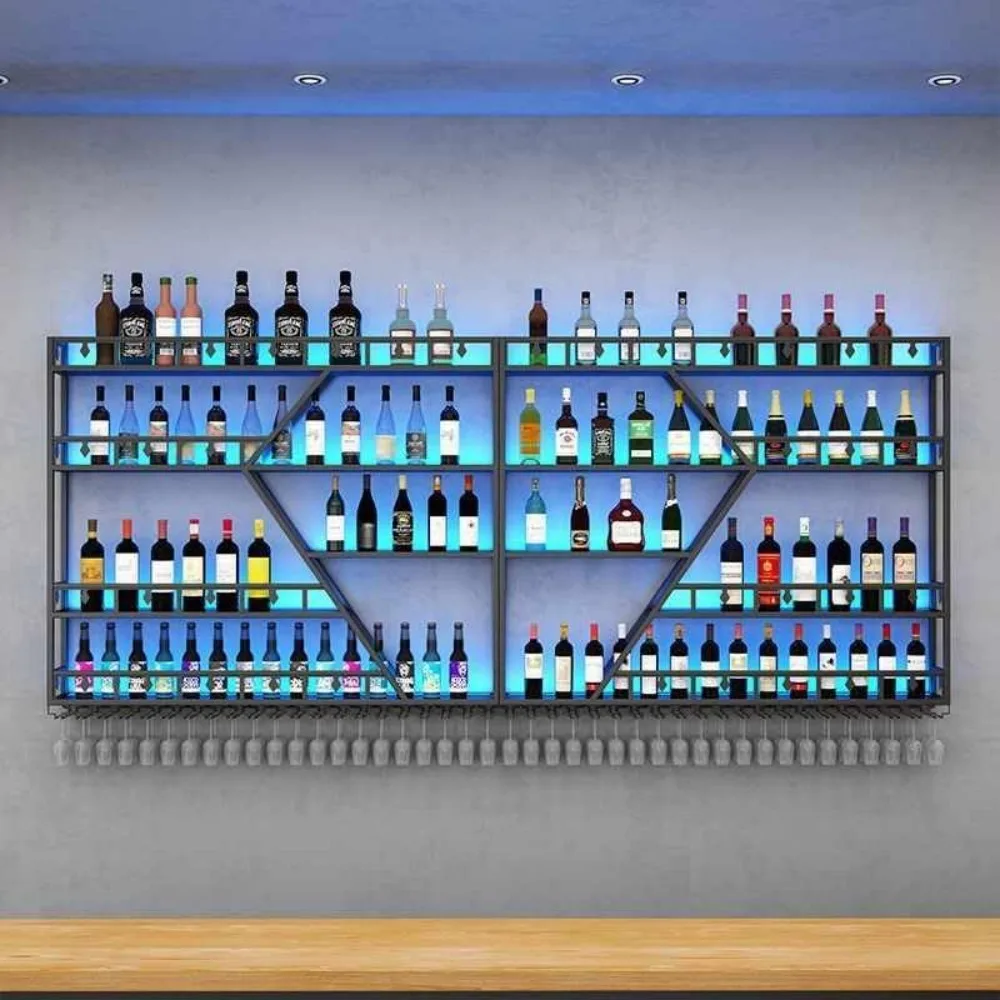 رف نبيذ كبير مثبت على الحائط مكون من 4 طبقات - حامل زجاجات معدني حديث على شكل ألماس لتخزين البار