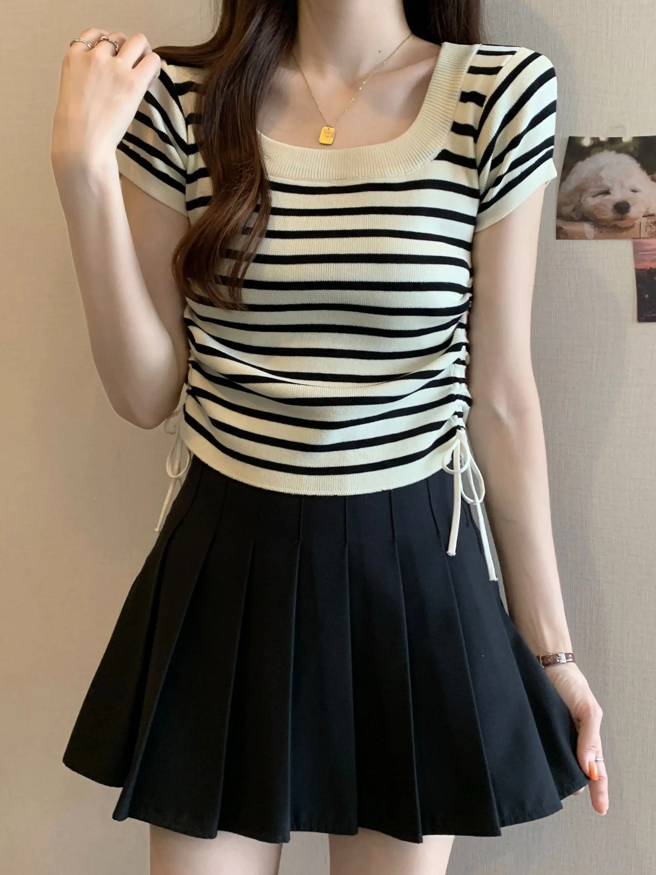 Summer Thin Knitted Short Sleeve T-Shirt Women's Color Block Stripe Waist Cinched Shirt with Pleated Skirt Fashionable Top