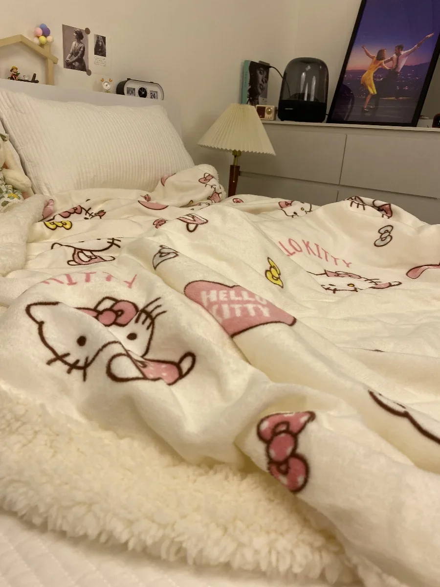 Hello Kitty Blanket Sanrio Cat Double Warm Padded Milk Fleece Lamb Flannel Blanket Portable Cute Small Nap Towels Christmas Gift