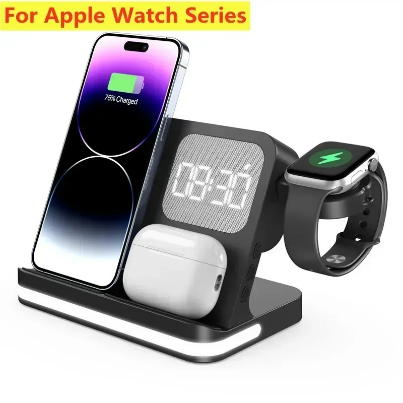 Telefonuhr Drahtloses Ladegerät mit LED-Licht Wecker für iPhone 16/15/14/13/12 Apple Watch 2-10 SE Airpods Pro Schnellladung – Detail 1