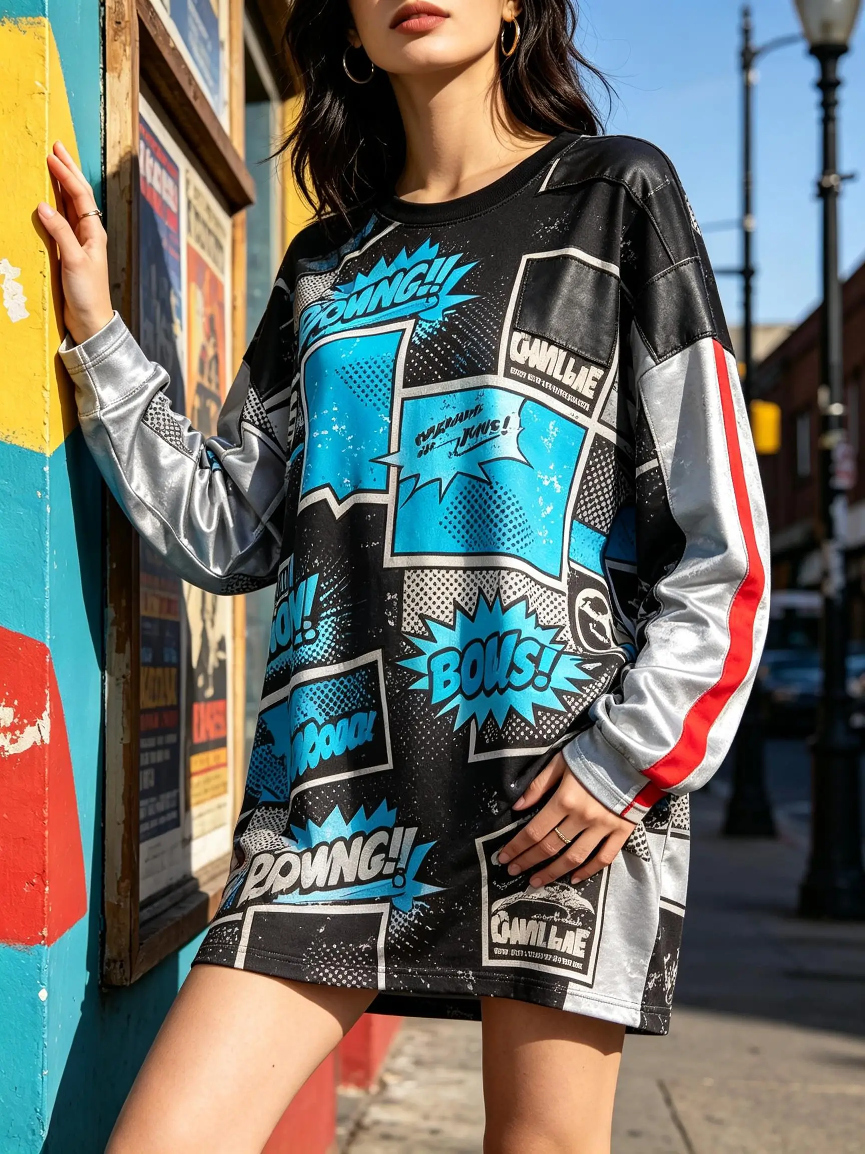 Women Crew Neck Long Sleeve Tunic Dress Vintage Comic Book Collage Flat Print Oversized Loose Mini