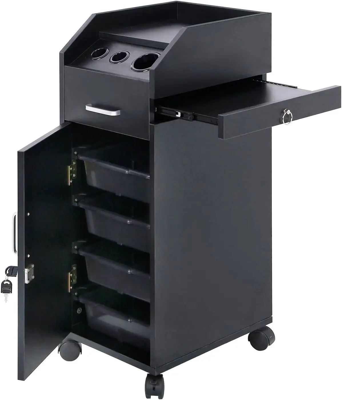 Black Salon Storage Cart with Locable Wheels  3 Hair Dryer Holders & 4 Drawers & Lock & 2 Keys