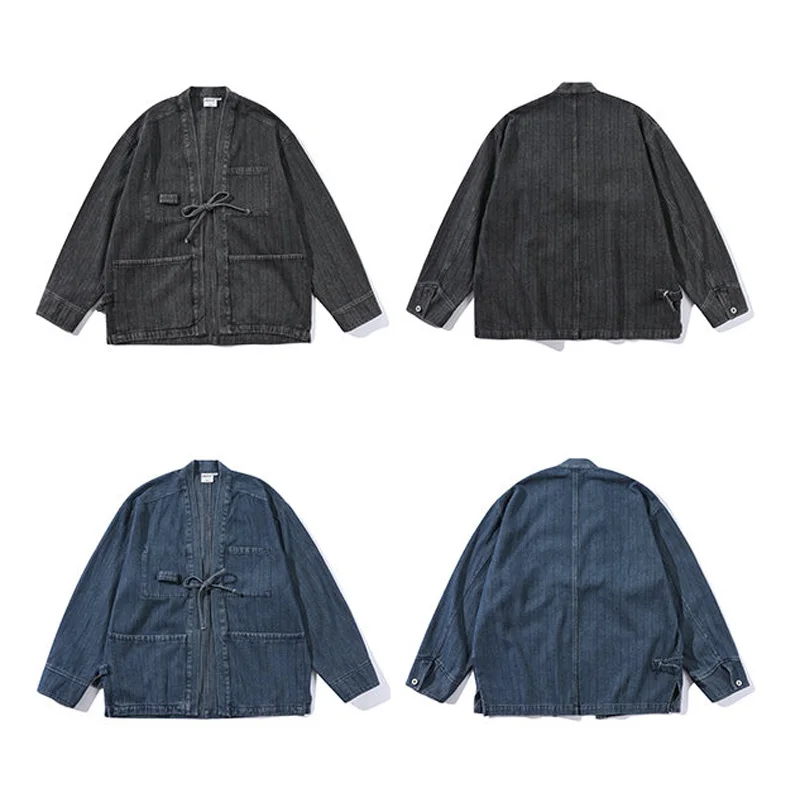 Men Japan Streetwear Cityboy Vintage Fashion Loose Causal Denim Kimono Jacket Spring Autumn Jeans Coat Taoist Robe Outerwear