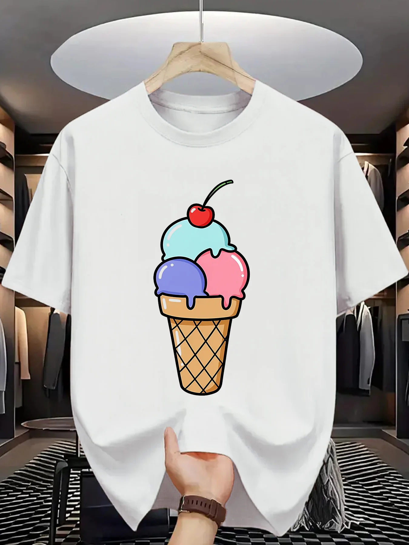 تي شيرت بأكمام قصيرة مطبوع بنمط الآيس كريم، طازج، كاجوال ومريح، مناسب للارتداء اليومي في الربيع والصيف