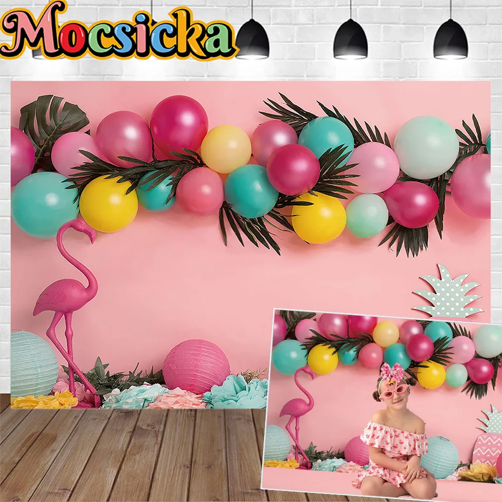 Hawaii Flamingo Theme Birthday Party Background Banner Tropical Leaf Balloon Decoration Pink Backdrop Wall Girls Studio Photo