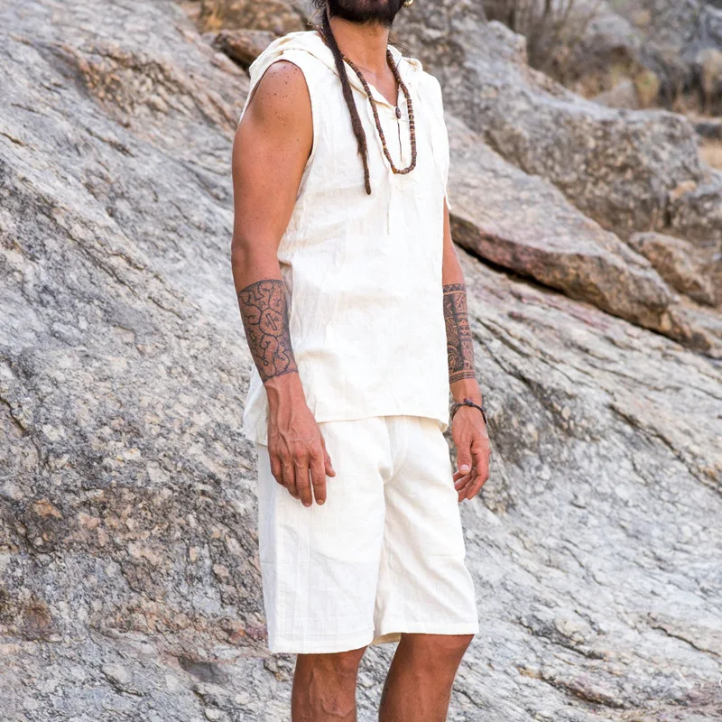 New Men's Casual Imitation Hemp Summer Hooded Sleeveless Vest Loose Shorts Two-piece Set