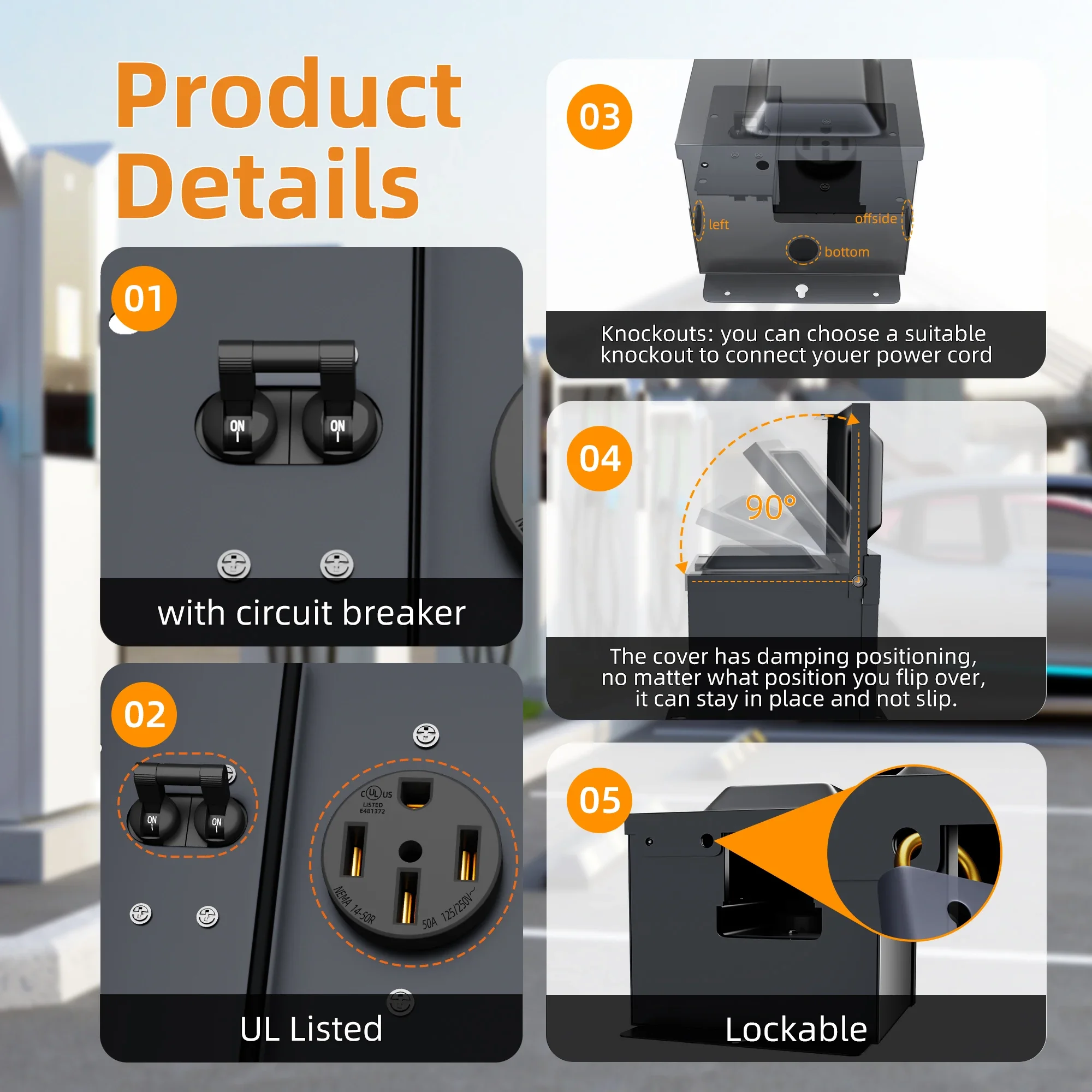 RV Power Box 125 250V UL Listed 50A Power Plug In Box with Circuit Breaker NEMA 14 50r Lockable for Camping Trailers