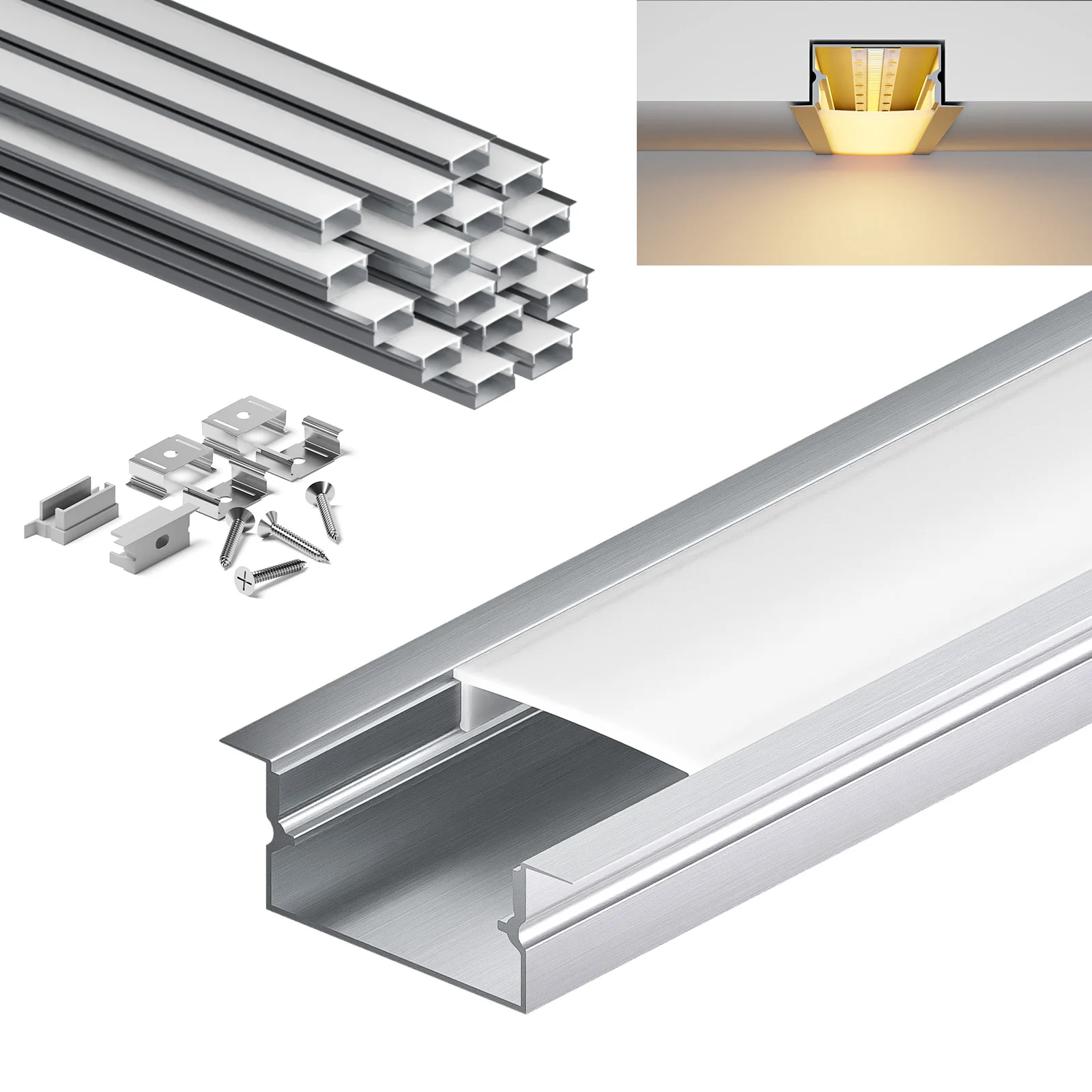 Profilo in alluminio per strisce LED da 2 m – Moderno profilo in alluminio per illuminazione a soffitto, alloggiamento incassato senza cornice per barre luminose a soffitto, pareti e progetti di