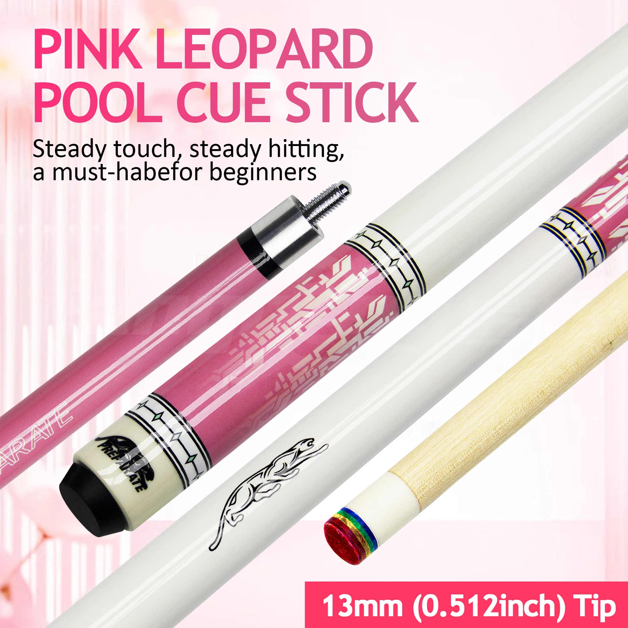 

Pink Leopard Maple Wood Pool Cue Stick 13mm Multi-Layer Rainbow Tip, Steel Joint for Snooker & 3 Cushion Billiards
