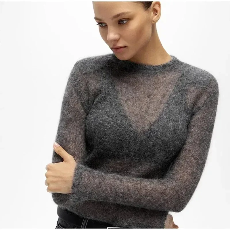 

2025 New Fashion Solid Round Neck Thin Knitted Sweater Elegant Long Sleeve Bodycon Pullover Autumn Lady Commuting Street Outwear