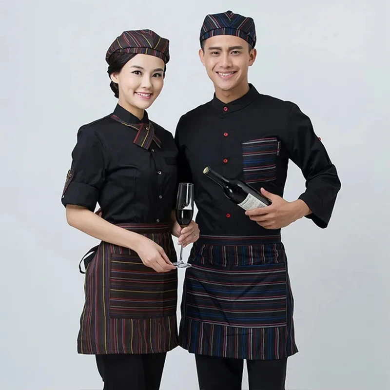 Full Sets Restaurant Waiter Uniform Hat+Shirt+Apron Coffee Shop Waitress Uniform Men Cook Clothing Hotel Bakery Work Wear 89