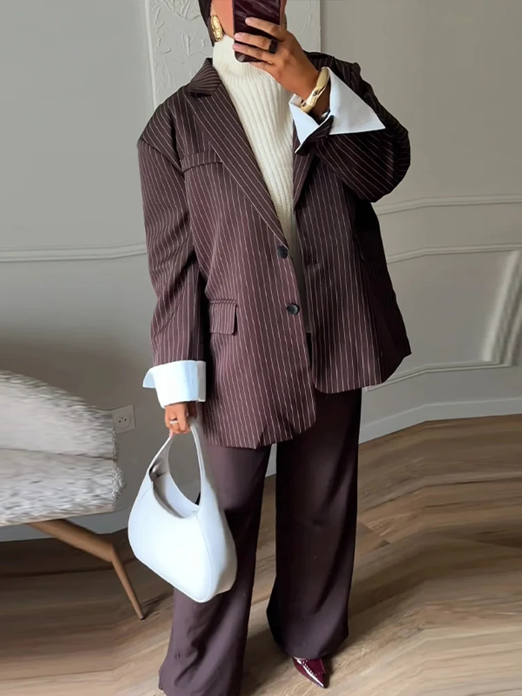 Elegantní pruhované sako Y2K pro ženy, podzim/zima 2025, dlouhý rukáv, kabát, dámské ležérní jednořadé dámské svrchní oblečení - náhled 2