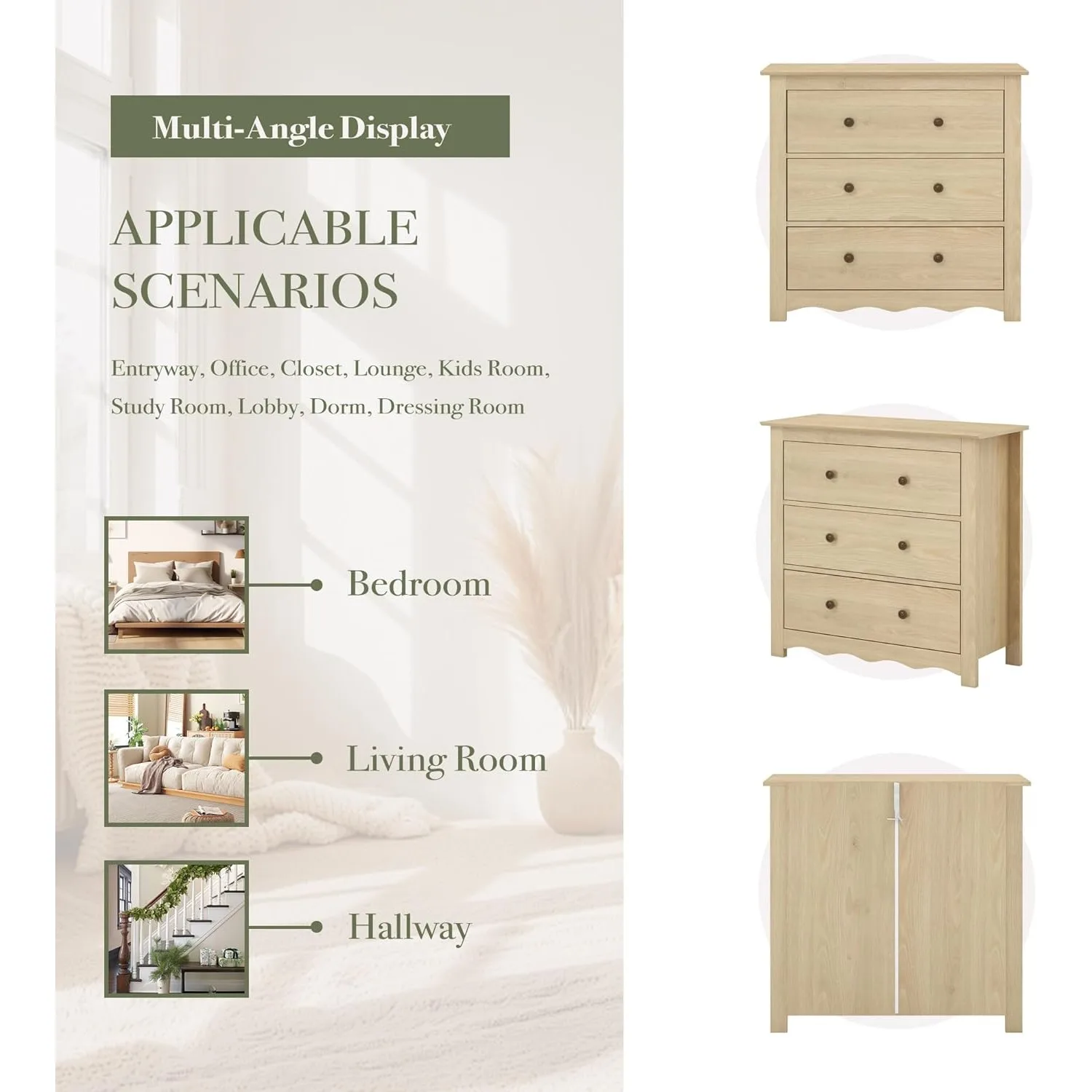 Mid-Century Modern 3-Drawer Bedroom Dresser with Wavefront Design 5