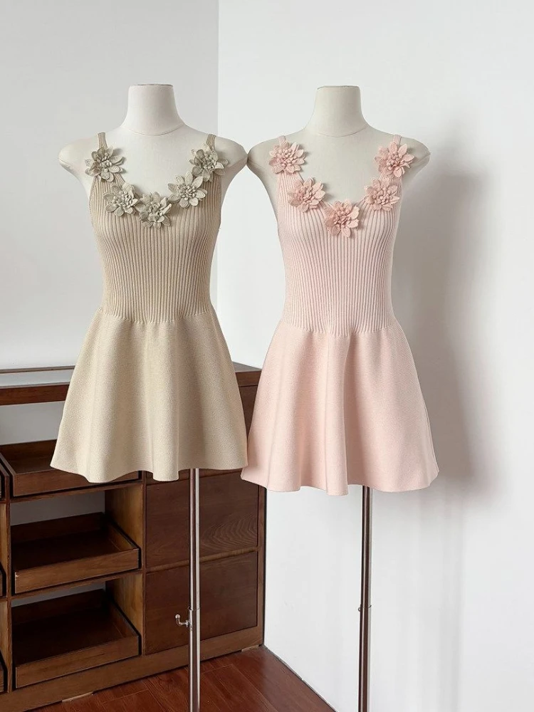 New Summer Coquette Elegant 3D Flower Ribbed Knit Mini Dress Women Slim Fit Spaghetti Strap Party Clubwear Casual Outfit 2026