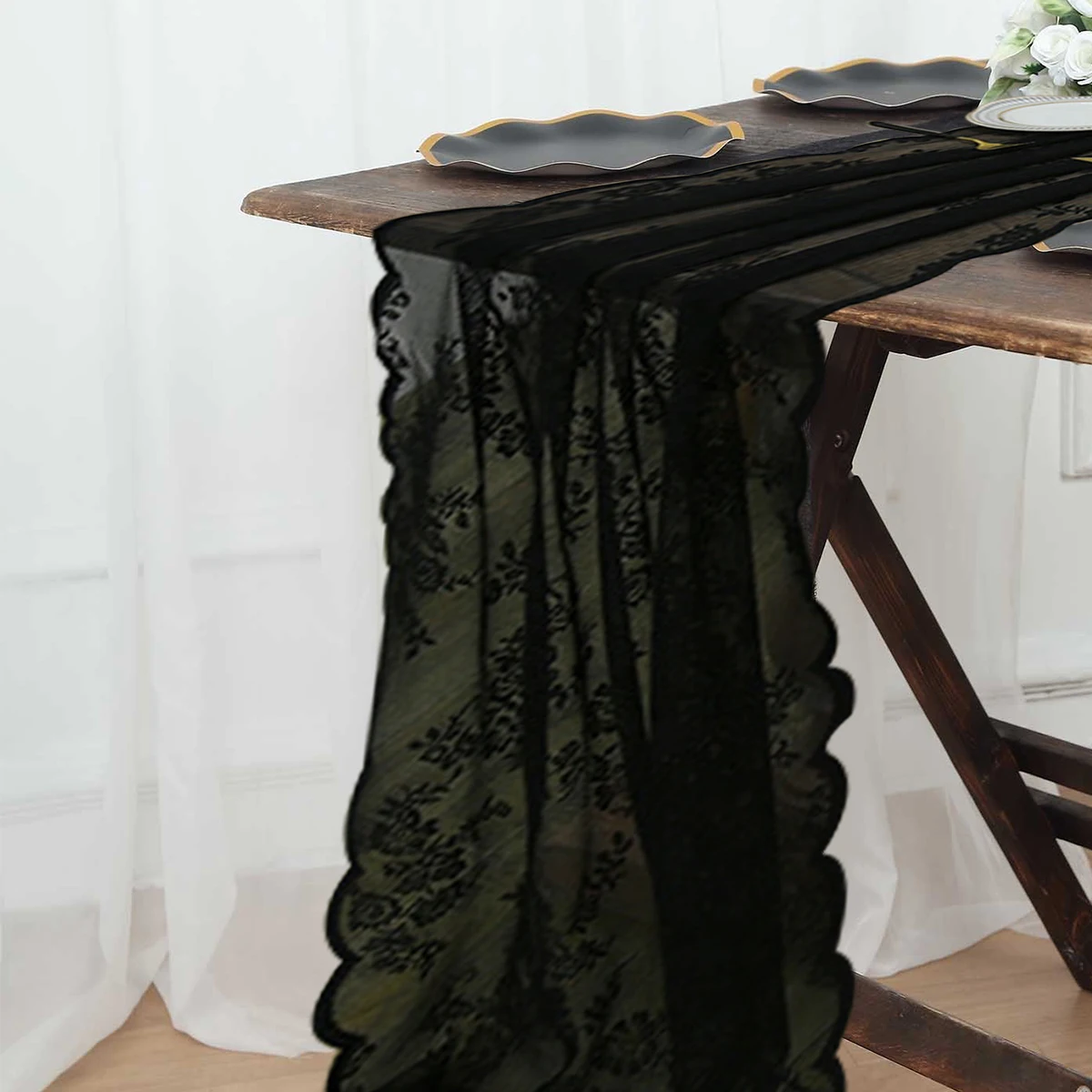 300x70cm Wedding Floral Lace Table Runner Black White Table Cloth Chair Sash Banquet Wedding Party Table Decor Home Textile