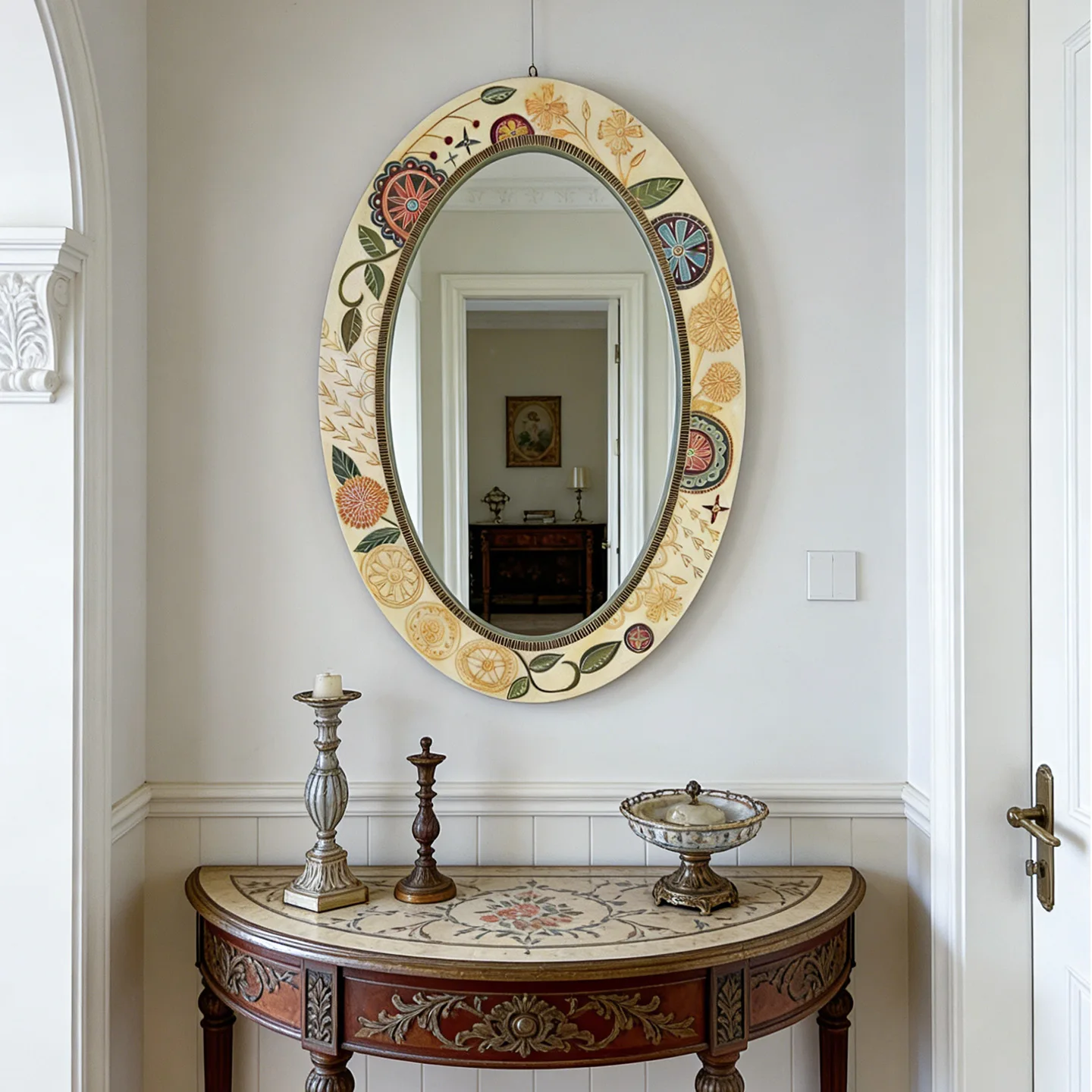 Vintage Hand Painted Floral Oval Wall Mirror, Antique Cream Wooden Frame Botanical Mandala Flower Decor Mirror, French Country F