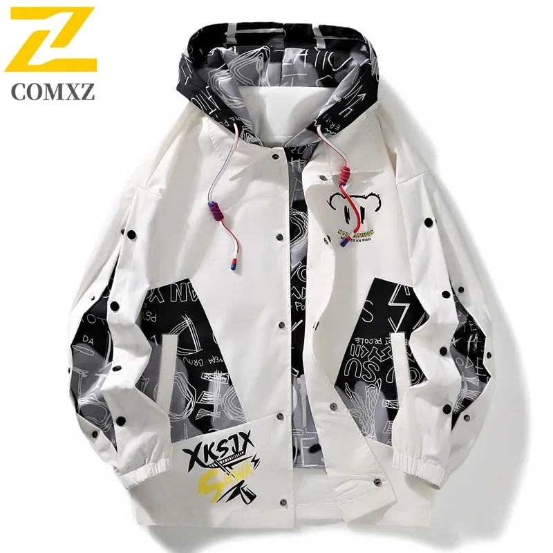 

COMXZ 2025 Spring Youth Color Block Hooded Jacket Mens Korean Style Baseball Collar Fashion Coat Casual Outwear