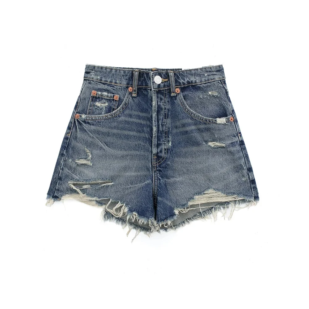 Aoaiiys Ripped Denim Shorts for Women High Waisted Y2k Shorts Chic Basic Fashion Hot Pants Streetwear Summer Blue Jean Shorts