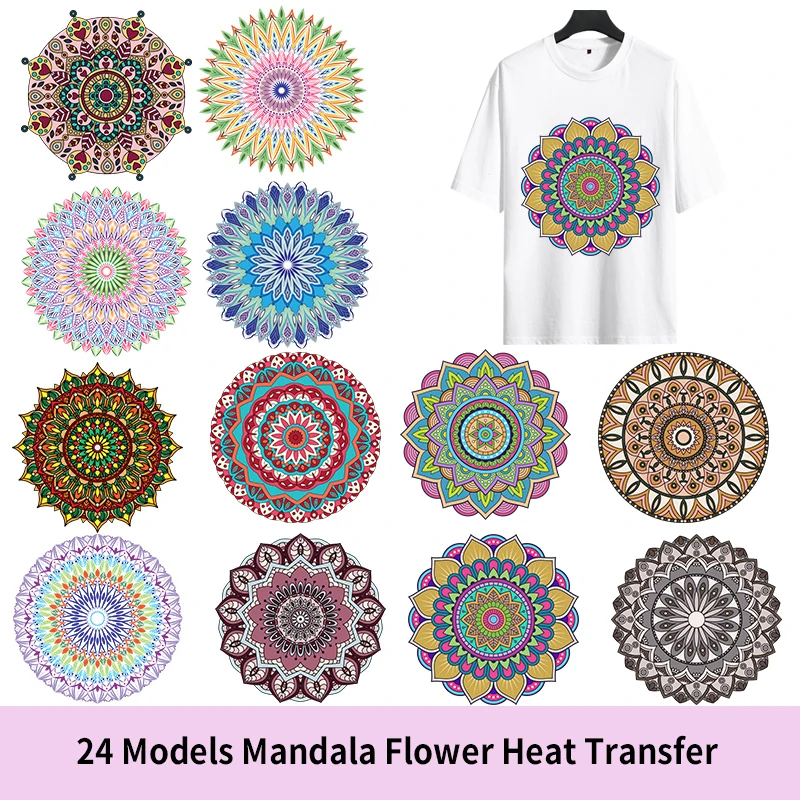 24cm Round Iron On Patches Mandala Flowers Stripes Thermo Stickers On Clothes Heat Transfer Indian Yoga Stickers For Women