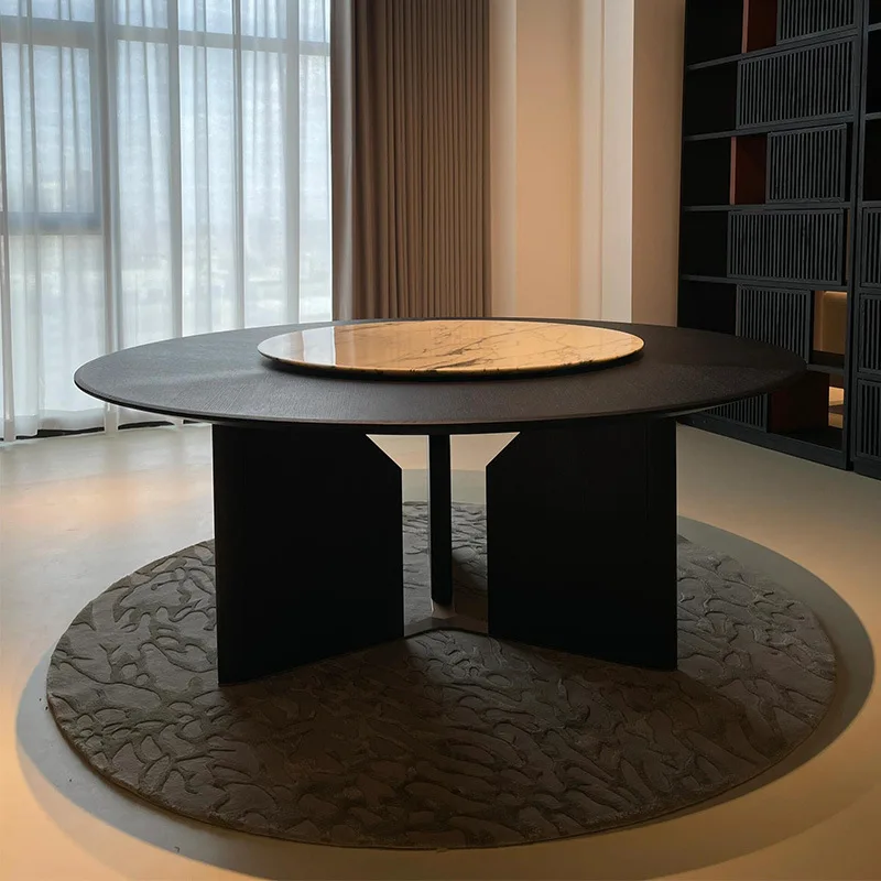 Italian minimalist round solid wood dining table designer high-end wabi style retro marble turntable dining table