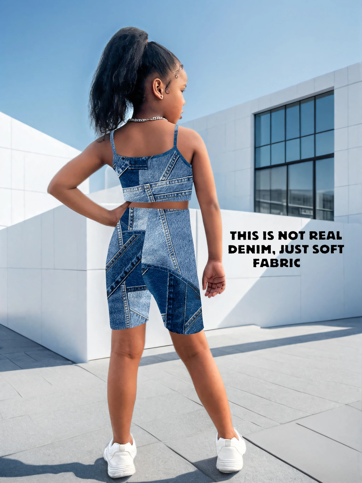 Girls 2 Piece Faux Denim Print Outfit New York USA Graphic Cami Crop Top & Biker Shorts Kids Summer Streetwear Set（Faux Denim /