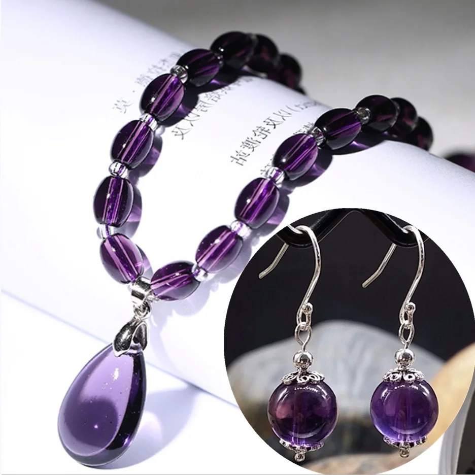 Vintage Fashion Natural Amethyst Stone Jewelry Set for Women Purple Stone Earring Necklace Set Party Jewelry Anniversary Gift